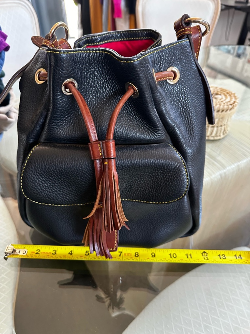 Dooney & Bourke Black Leather Drawstring Bucket Bag with Brown Trim - Picture 7 of 9